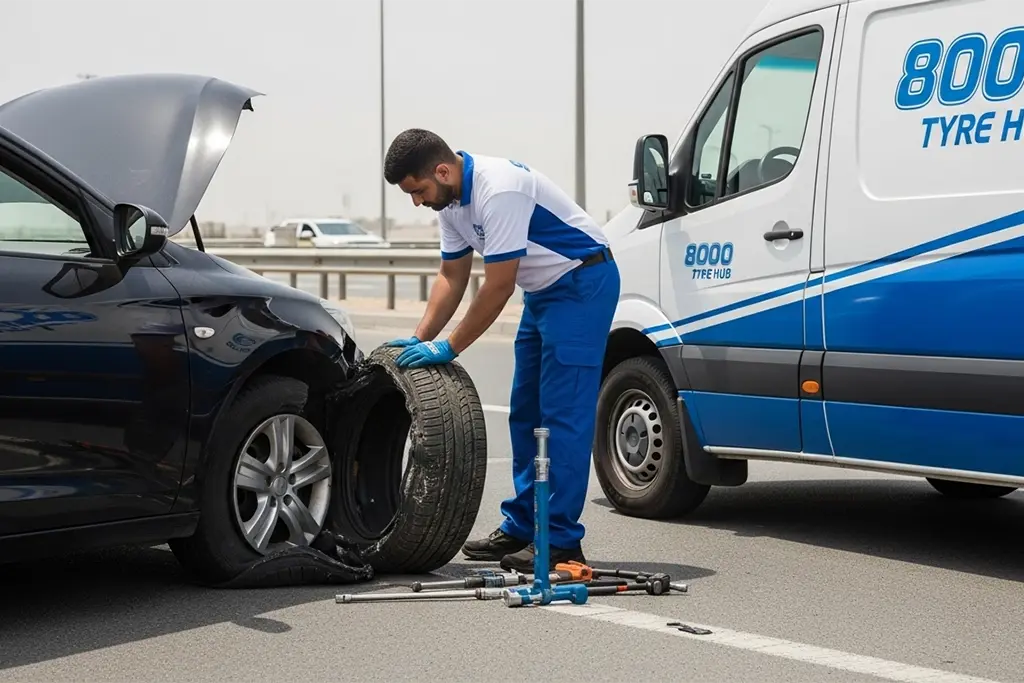 Tyre repair technician assisting with a tyre blowout at the customer’s home during a repair service