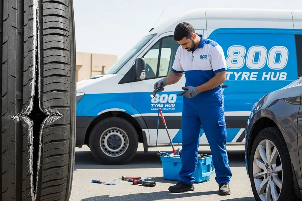 Tyre repair technician inspecting and repairing sidewall damage on a car tyre at the customer’s home location