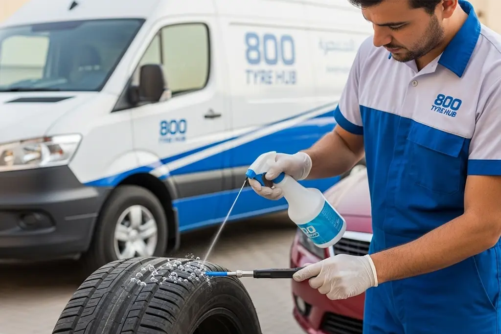 Tyre repair technician diagnosing and fixing a slow tyre leak at the customer’s home location