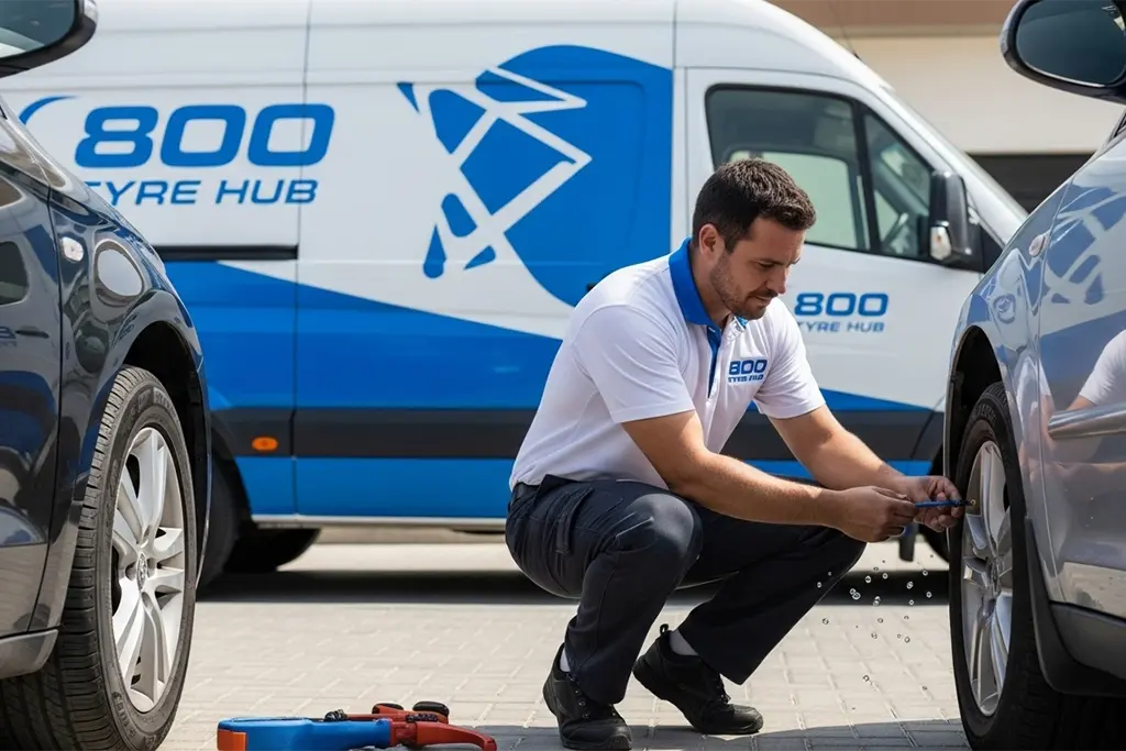 Tyre repair technician fixing a valve stem leak on a car tyre at the customer’s home location