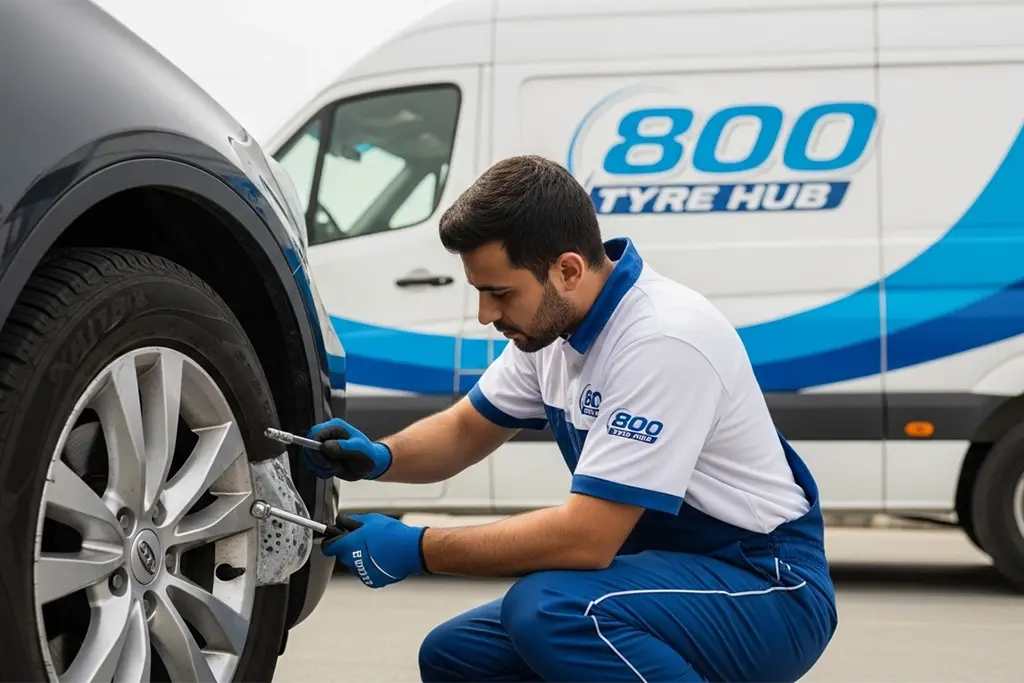 Tyre repair technician sealing a bead leak on a car tyre at the customer’s home location