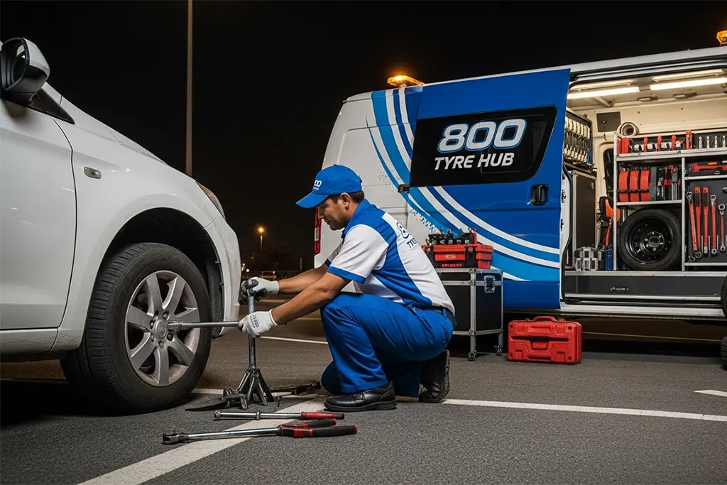 Technician performing 24/7 flat tyre repair service for all vehicle types