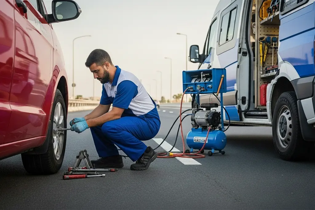 Technician urgently repairing a punctured car tyre on-site during 24/7 emergency puncture repair service