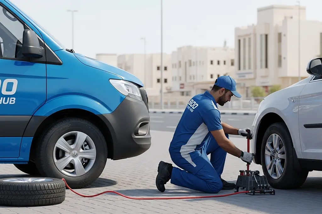 Technician repairing a punctured car tyre in Ajman during 24/7 tyre puncture repair service