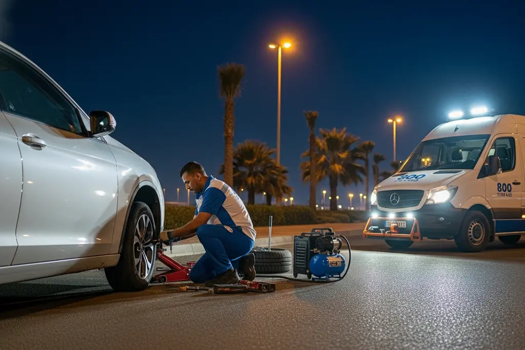 Technician repairing a punctured car tyre in Ras Al Khaimah during 24/7 tyre puncture repair service