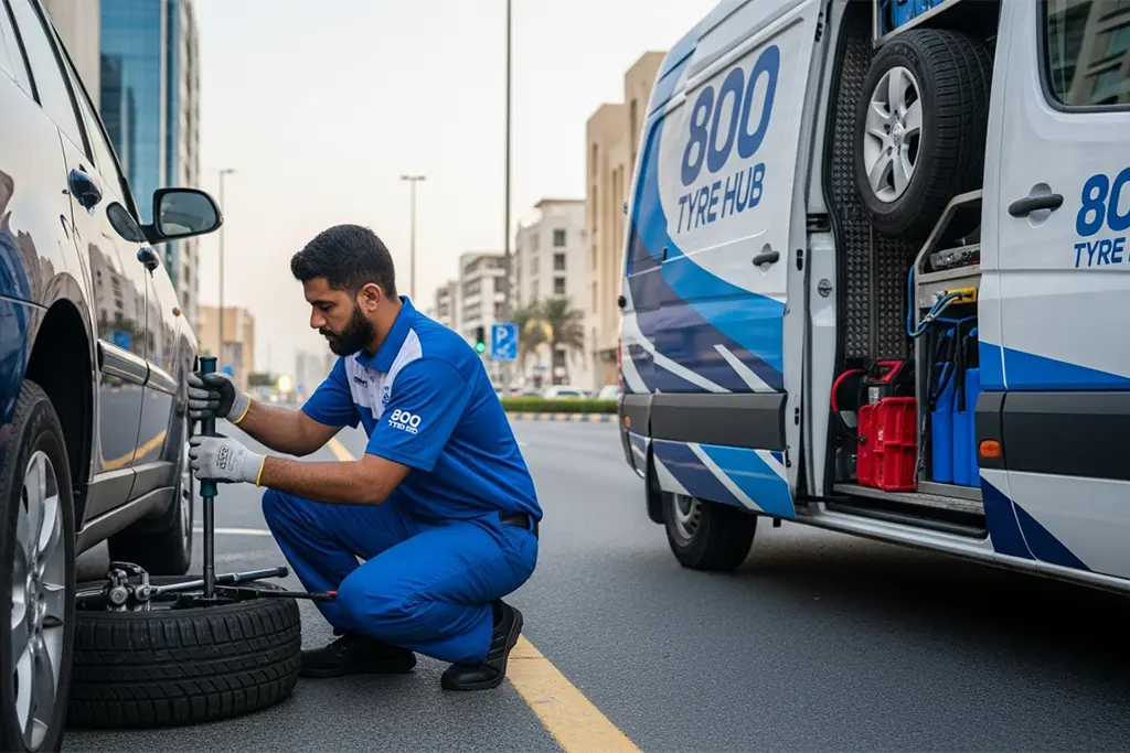 24/7 tyre repair technician providing round-the-clock tyre repair services at a customer’s location in Ajman