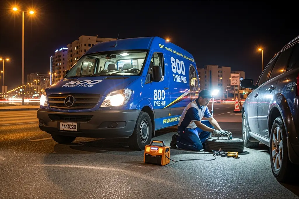 Technician performing 24/7 tyre repair service in Dubai