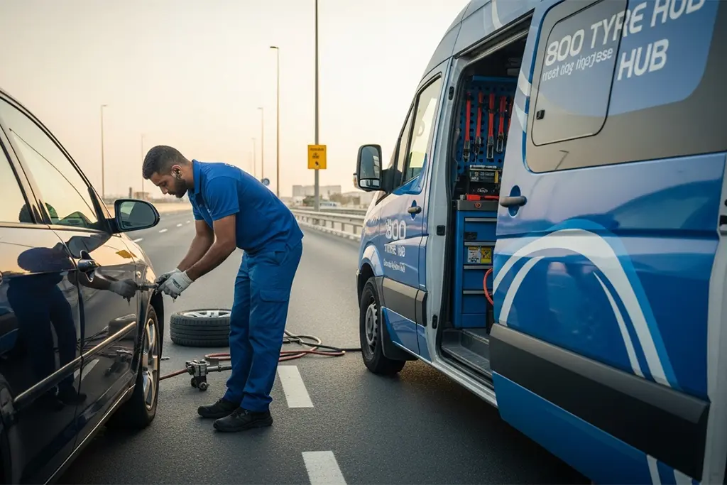 Technician repairing a punctured car tyre on the roadside during 24/7 roadside puncture repair service