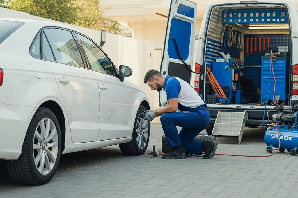 Technician repairing a punctured car tyre at home during 24-hour tyre puncture repair service
