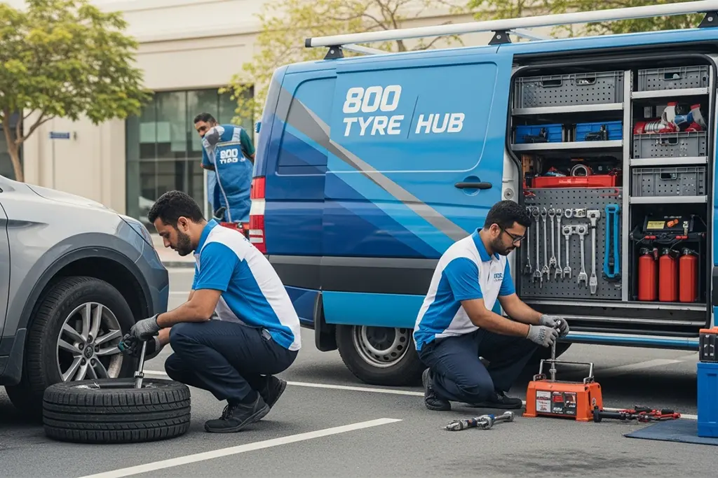 Technician performing 24/7 mobile flat tyre repair at the customer’s location