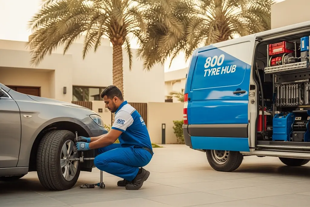 Technician performing flat tyre repair near the customer’s residence at the roadside