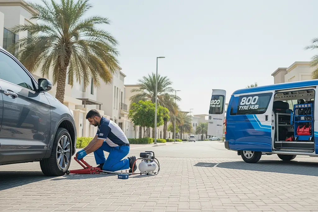 Technician repairing a punctured car tyre at home in Ras Al Khaimah during at-home tyre puncture repair service
