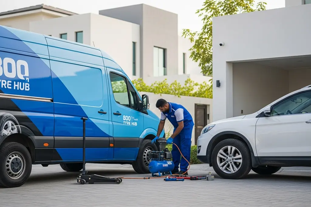 Technician repairing a punctured car tyre at home using a mobile tyre puncture repair service