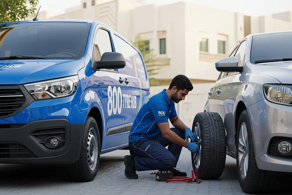 Technician repairing a punctured car tyre at home in Ajman during at-home tyre puncture repair service