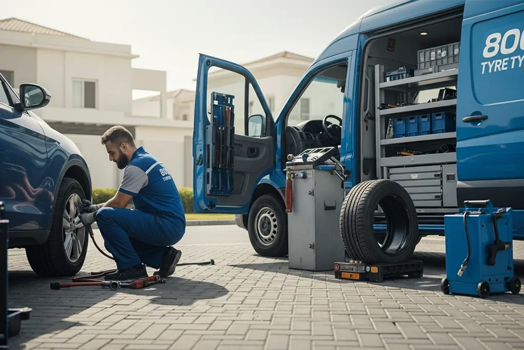 Tyre repair technician providing at-home tyre repair service at the customer’s location in Ras Al Khaimah