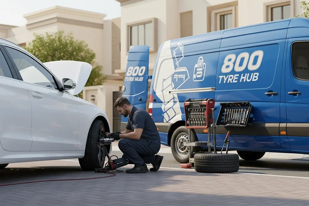 Tyre repair technician providing at-home tyre repair service at the customer’s location in Abu Dhabi