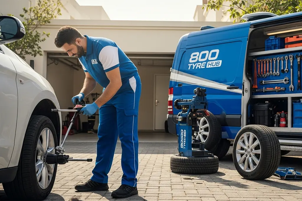 Tyre repair technician providing at-home tyre repair service at the customer’s location in Ajman