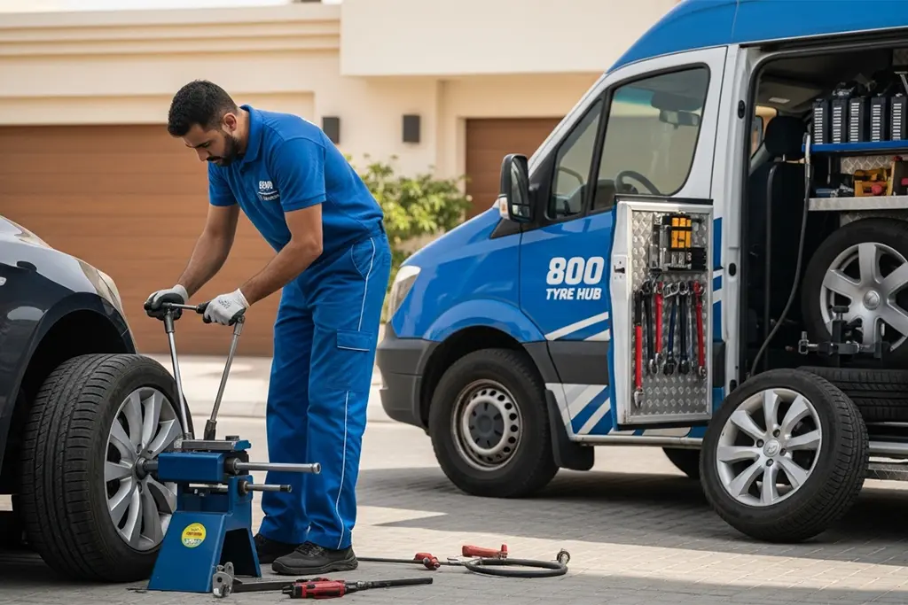 Tyre repair technician providing at-home tyre repair service at the customer’s location in Sharjah