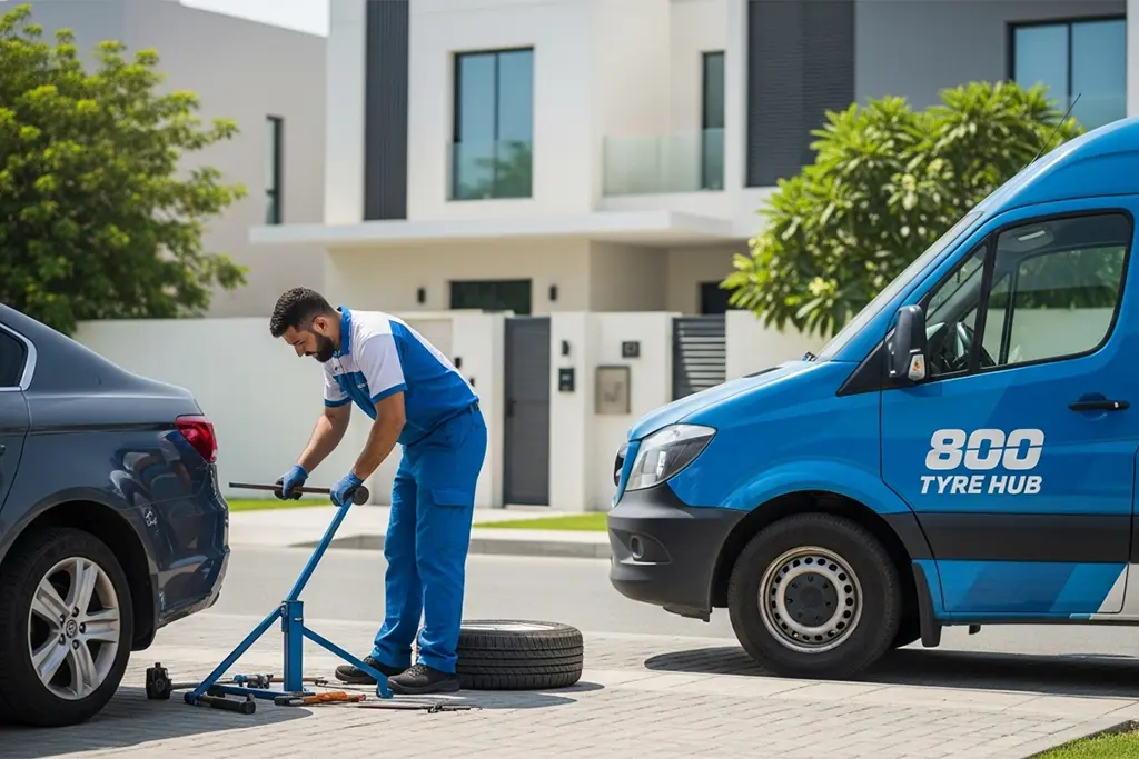 Technician performing at-home tyre repair service in Dubai