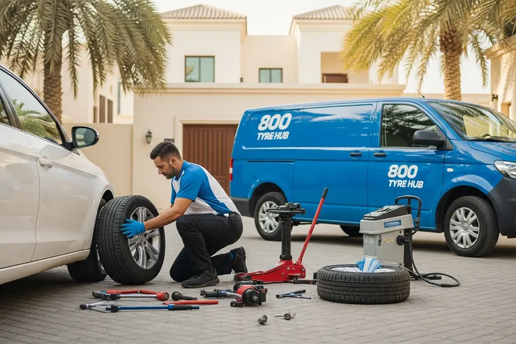 Technician providing 24/7 at-home tyre replacement service for a vehicle