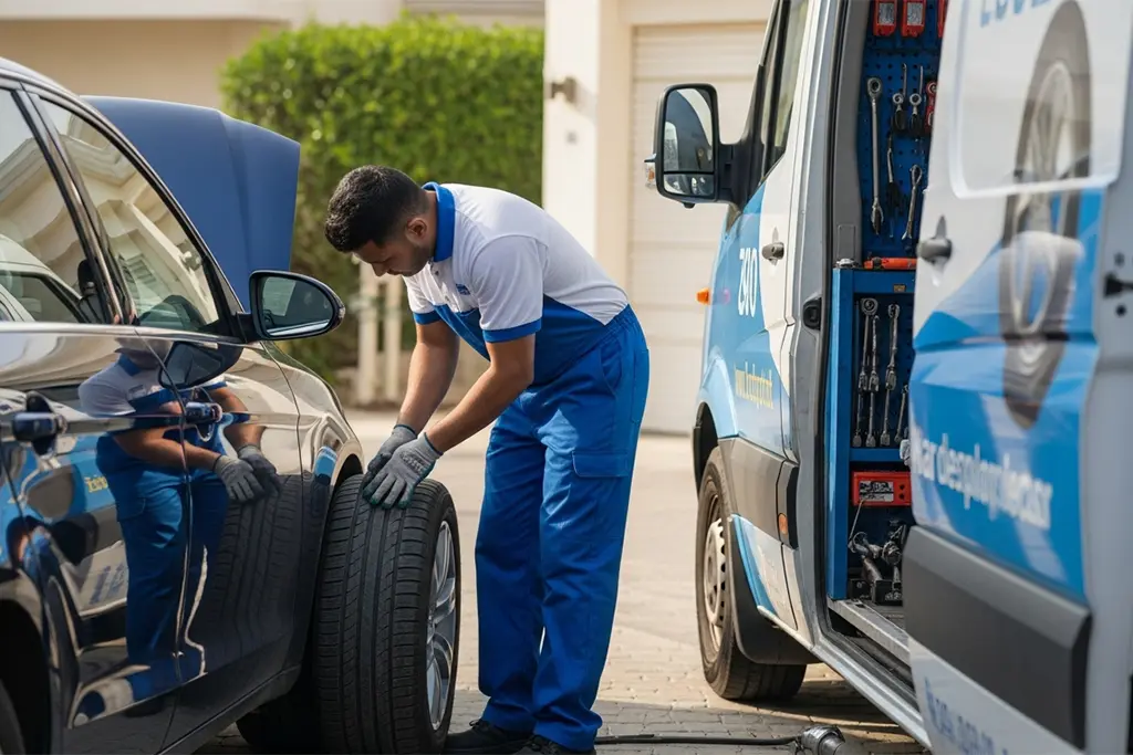 Technician repairing a punctured car tyre at home as part of roadside tyre puncture repair support