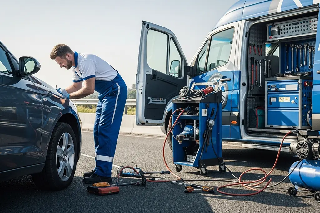 Technician repairing a punctured car tyre during an emergency 24-hour tyre puncture repair service