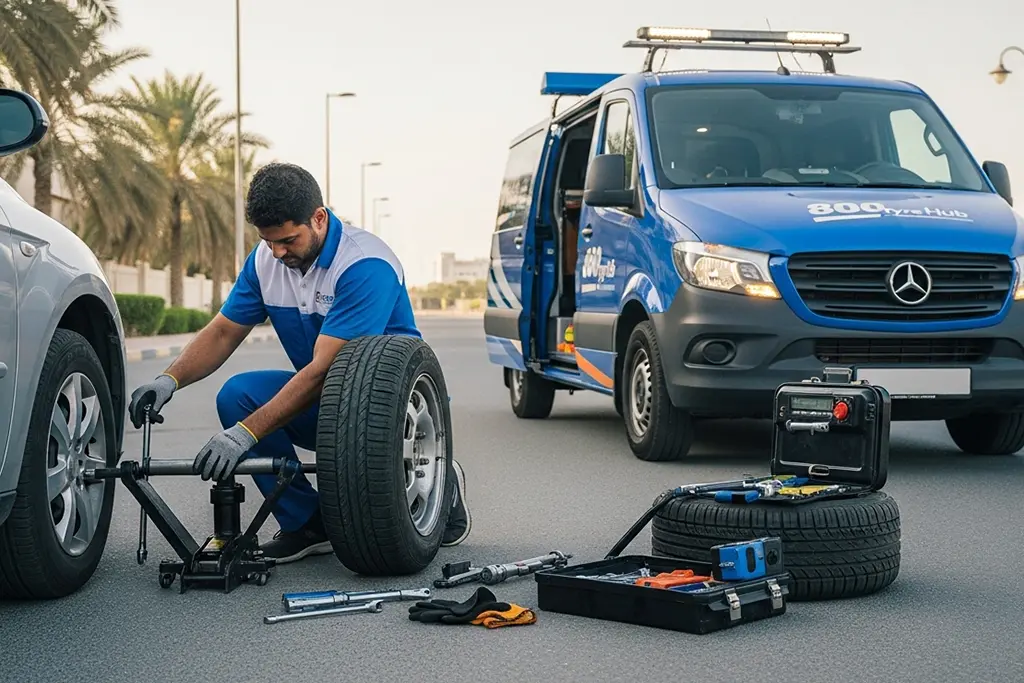 Technician performing mobile flat tyre repair service in Ajman