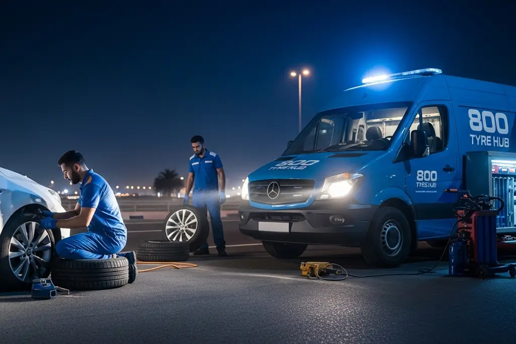 Technician performing on-site tyre repair using a mobile service vehicle