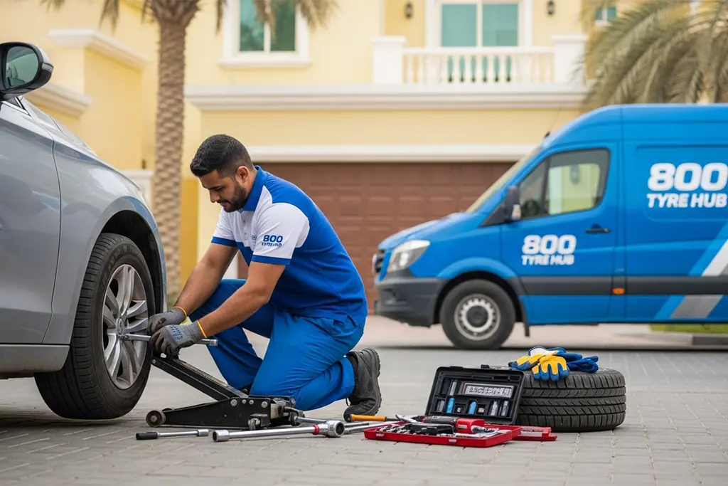 Technician performing at-home flat tyre repair service for the customer in Dubai