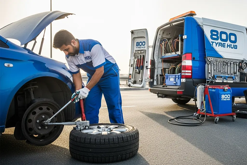 Technician performing emergency flat tyre repair service