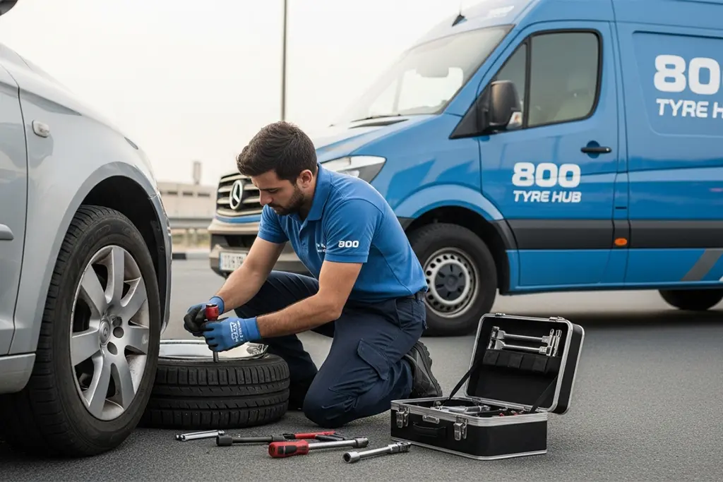 Technician performing emergency flat tyre repair service at the customer’s location