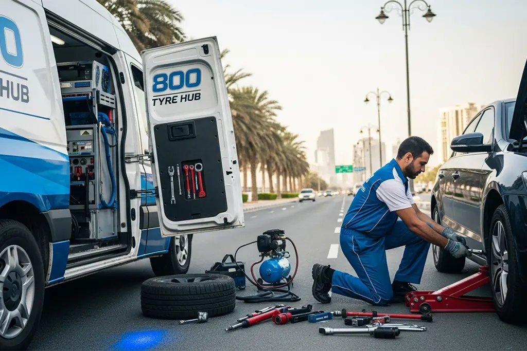 Technician urgently repairing a punctured car tyre in Ras Al Khaimah during emergency tyre puncture repair service