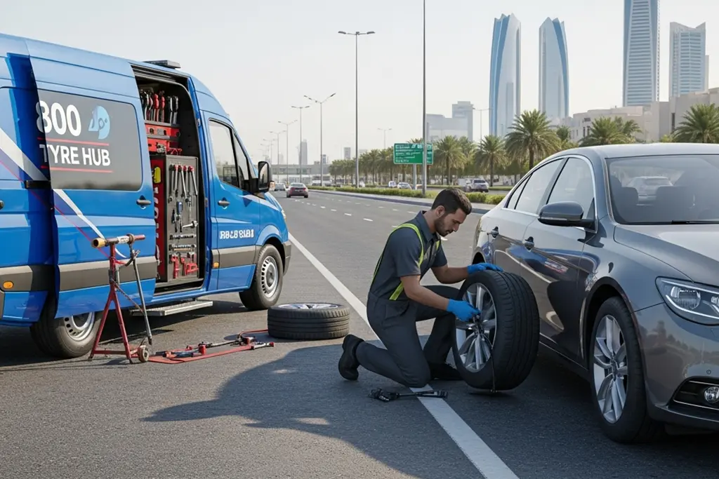 Emergency tyre repair technician providing urgent tyre repair services at the customer’s location in Abu Dhabi