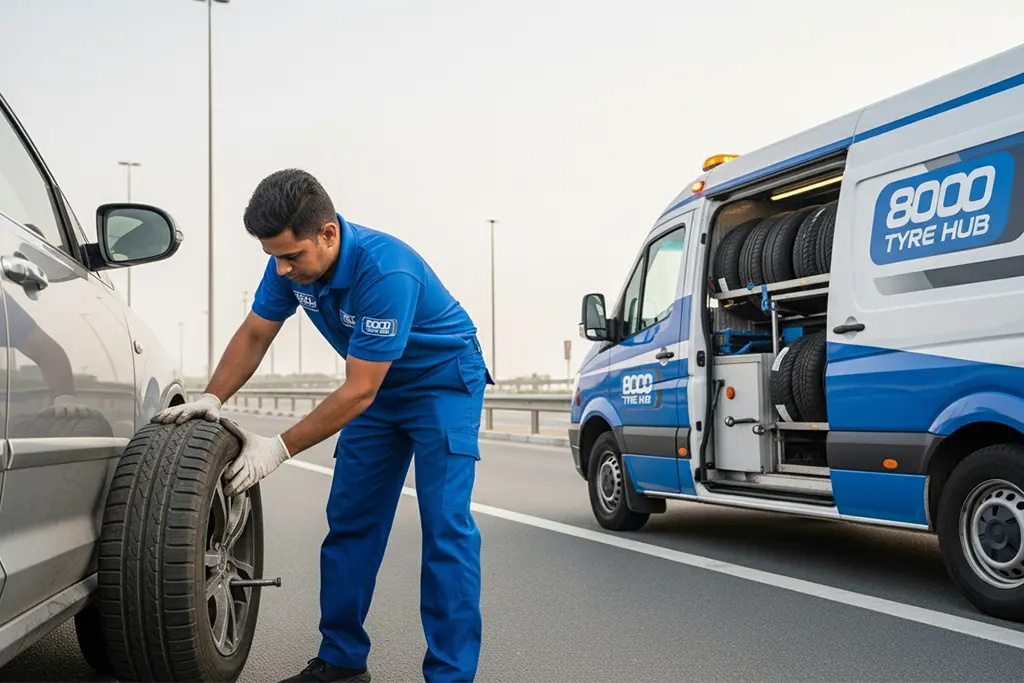 Emergency tyre repair technician providing urgent tyre repair services at the customer’s location in Ajman
