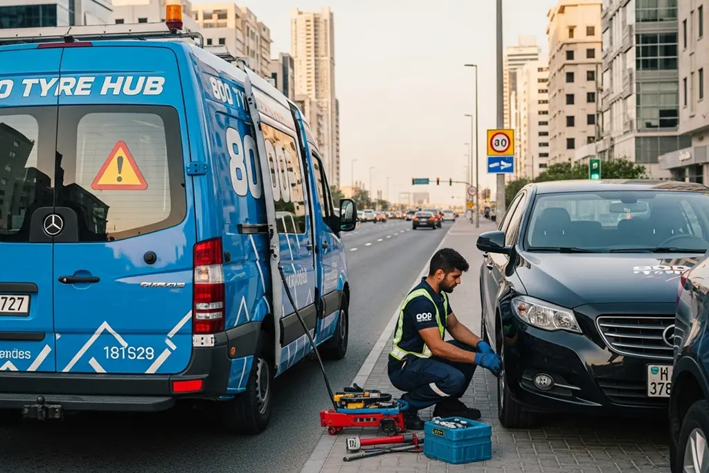 Technician performing emergency tyre repair service in Dubai
