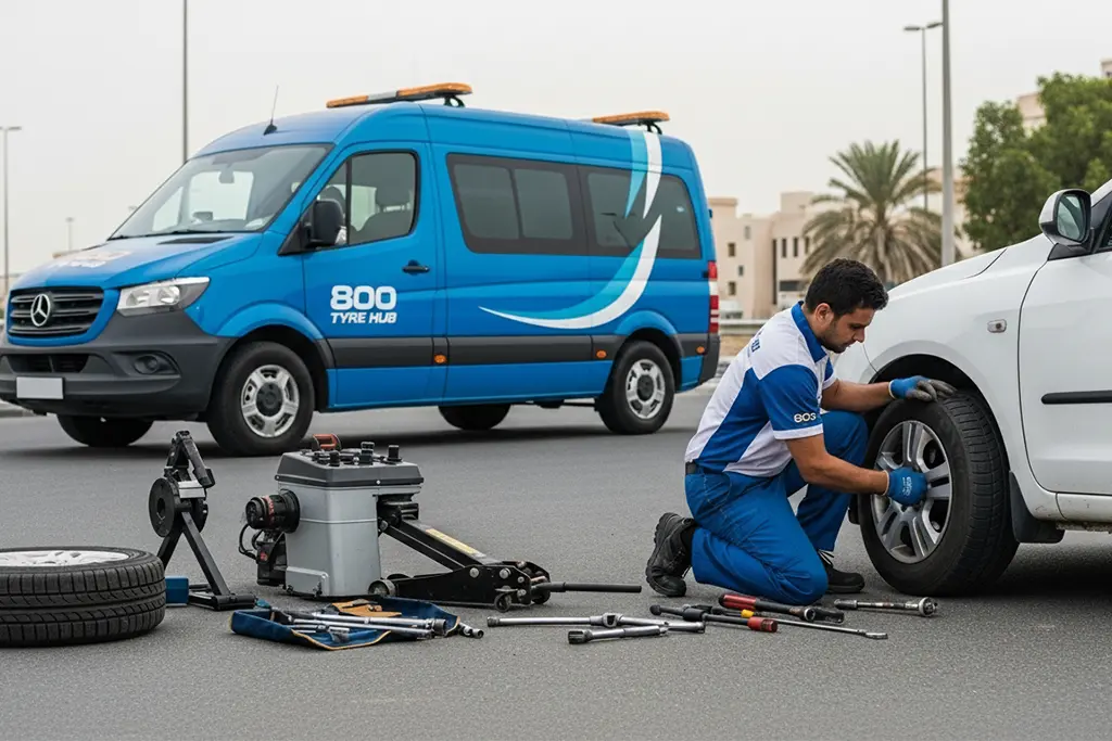 Technician providing emergency roadside tyre replacement for a vehicle