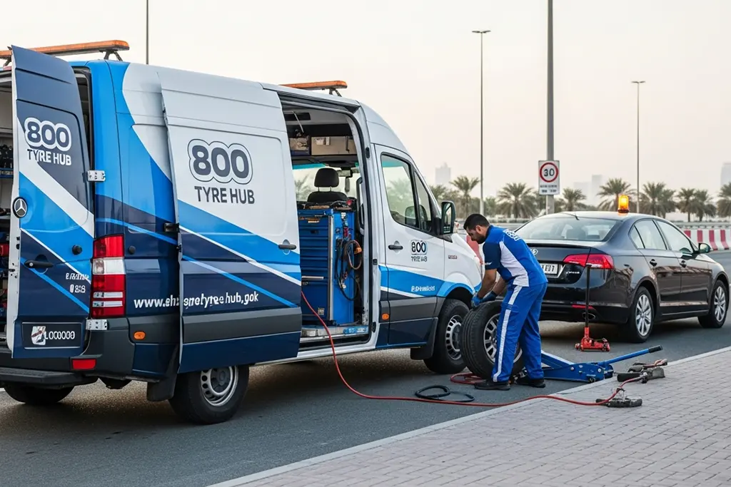Technician repairing a punctured car tyre on-site during emergency mobile puncture repair