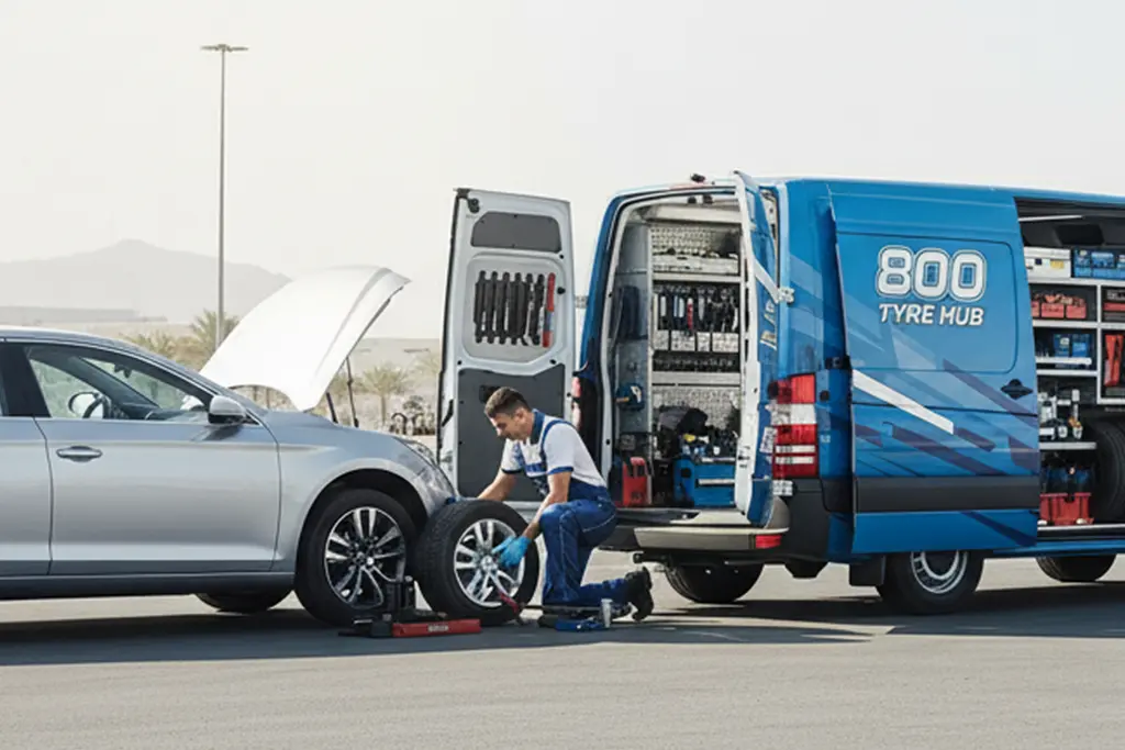 Mobile tyre repair technician providing on-site tyre repair at the customer’s location in Ras Al Khaimah