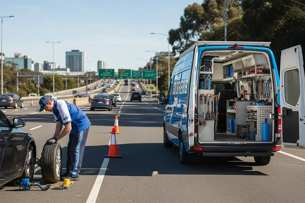 Tyre repair technician providing roadside tyre repair service at the customer's home location