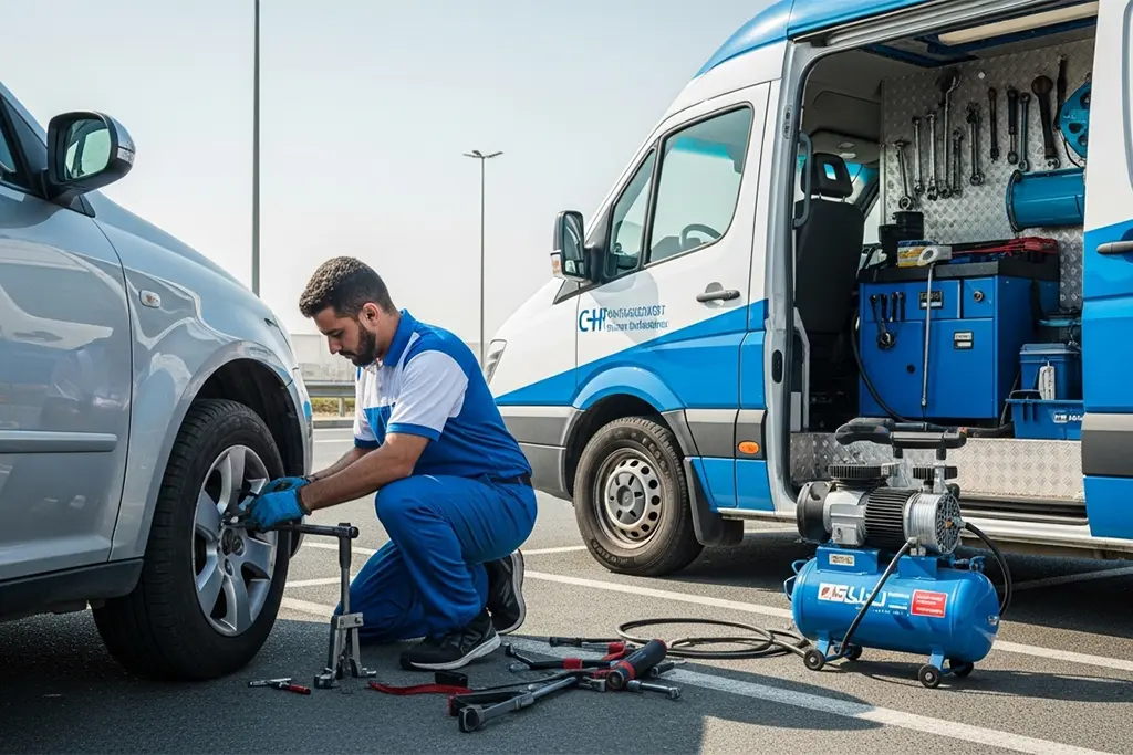Technician repairing a punctured car tyre on the roadside during 24-hour tyre puncture repair service