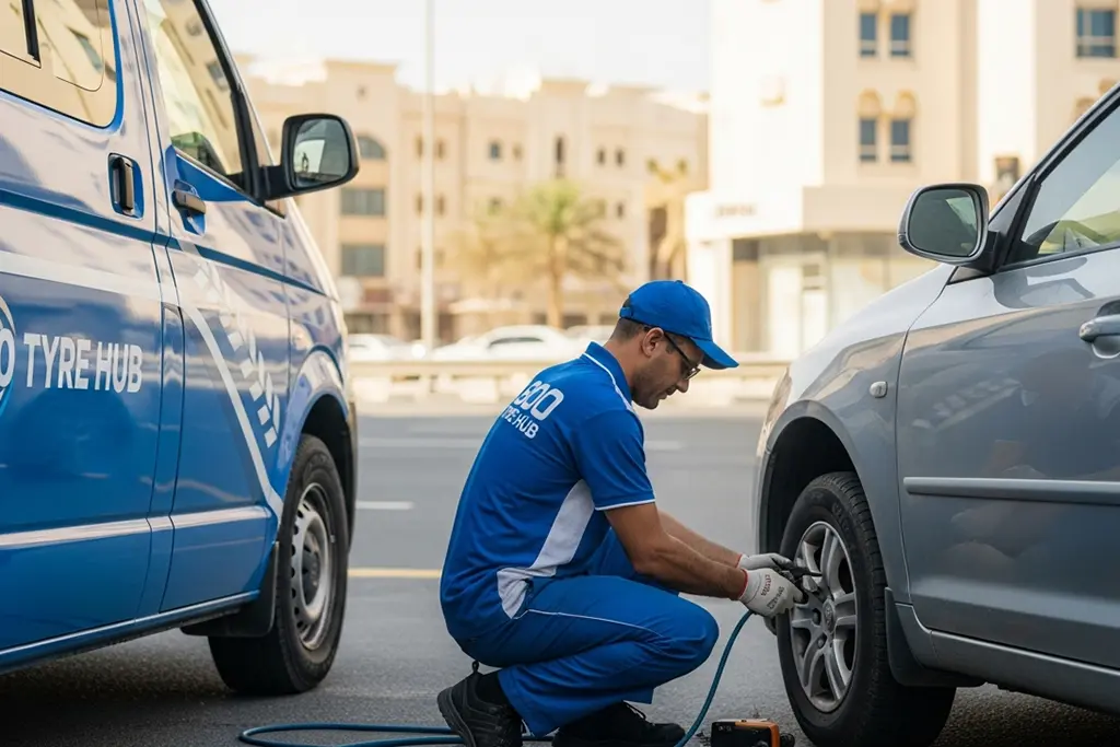 Technician urgently repairing a punctured car tyre in Ajman during emergency tyre puncture repair service
