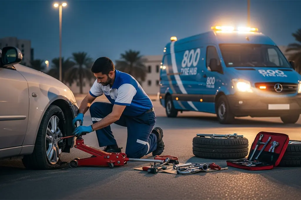 Technician performing emergency flat tyre repair service at the customer’s location in Dubai