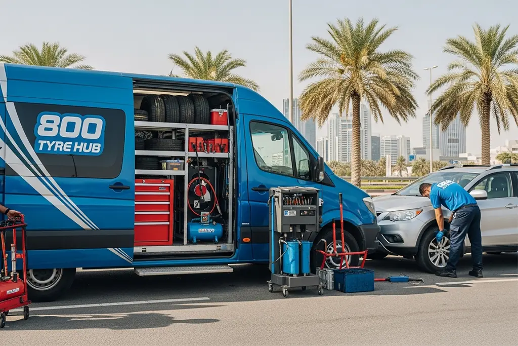 Technician performing mobile flat tyre repair at the roadside location