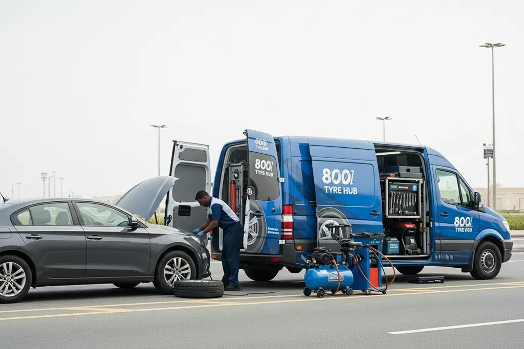 Technician urgently repairing a punctured car tyre on-site using a mobile service during emergency tyre puncture repair