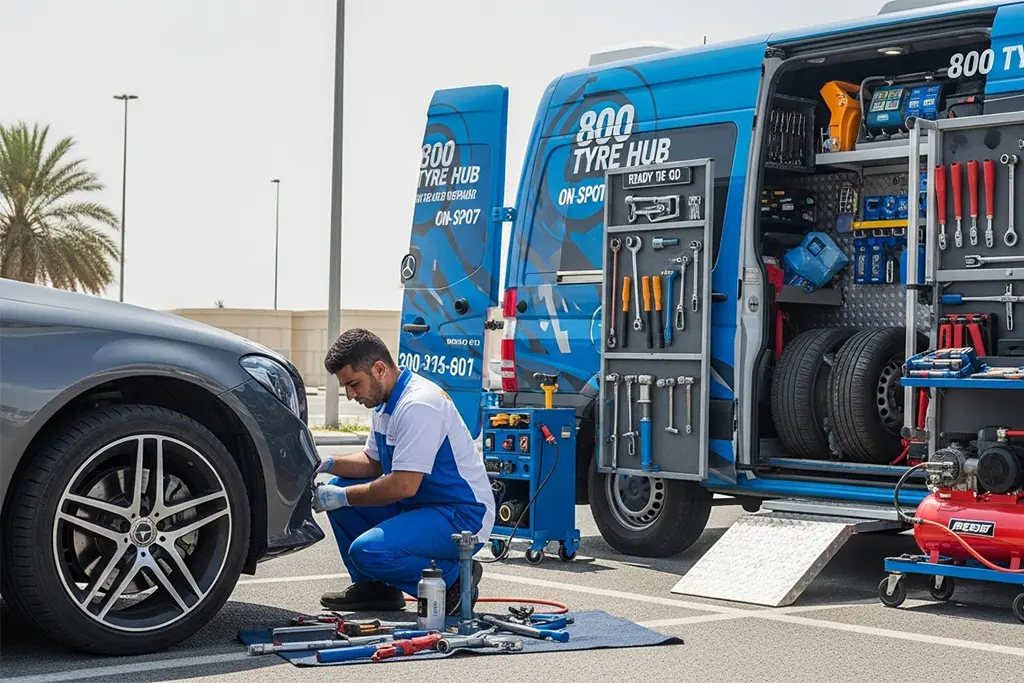 Technician repairing a punctured car tyre on-site using mobile service during 24-hour tyre puncture repair