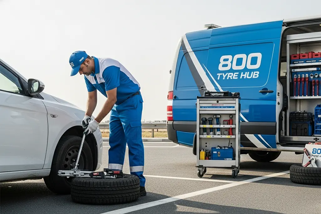 Technician providing roadside flat tyre repair service at a customer's location