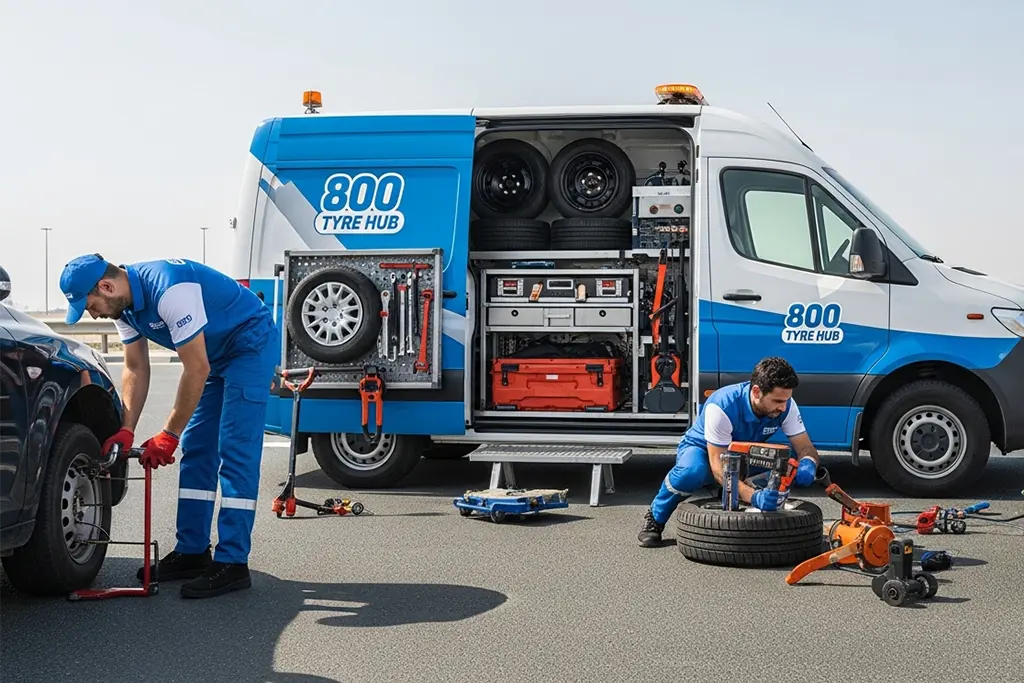 Technician performing roadside mobile flat tyre repair service
