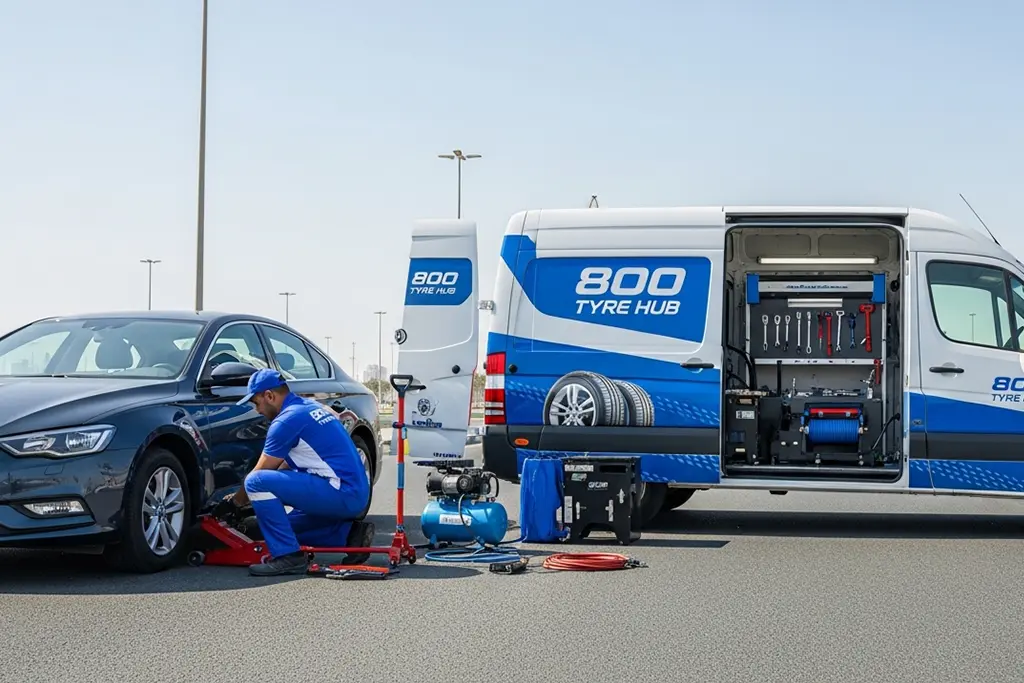Technician repairing a punctured car tyre on the roadside in Ras Al Khaimah during roadside tyre puncture repair service