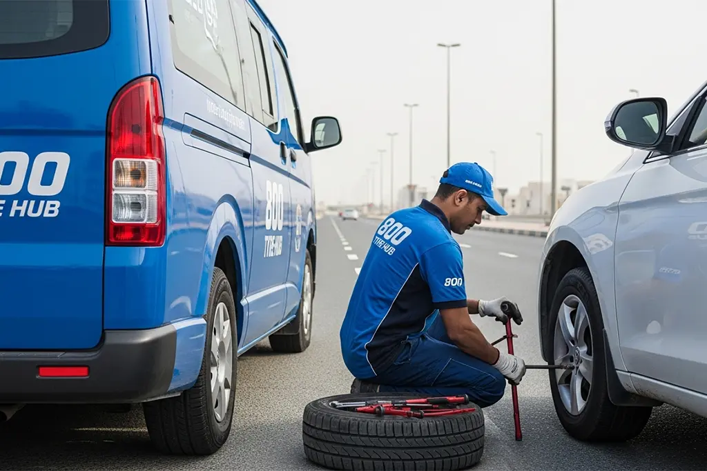 Technician repairing a punctured car tyre on the roadside in Ajman during roadside tyre puncture repair service