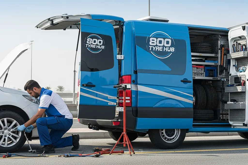 Roadside tyre repair technician fixing a tyre at the breakdown location in Ras Al Khaimah
